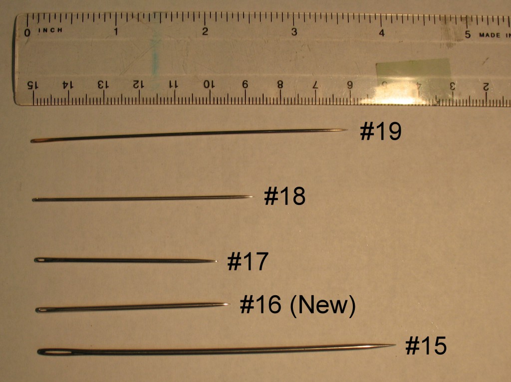 Our needle selection, finest (at top) to thickest (at bottom). The apparent curvature of some of the needles is actually camera distortion.