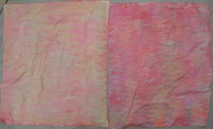 Two pieces of cotton 22×27″ that have been marbled. They still need to be rinsed to remove the residue of the marbling size which by then had become quite dirty with paint residue.